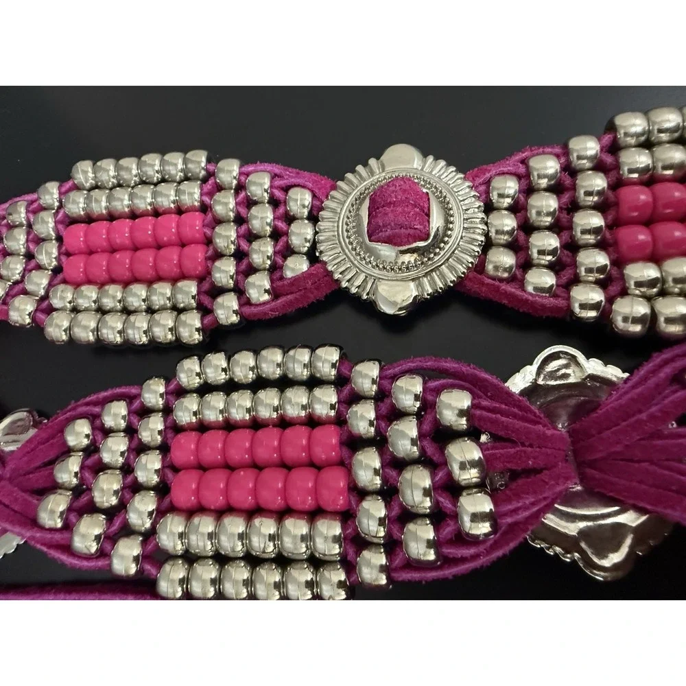 Vintage Charmant Belt Long tussles Pink, Bright Velvet With Metal Beads Western